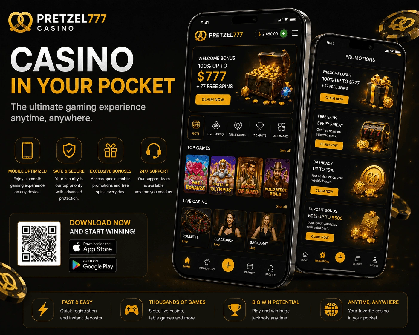 pretzel777 Android app interface on a phone with account menu, game tiles, and setup checklist elements
