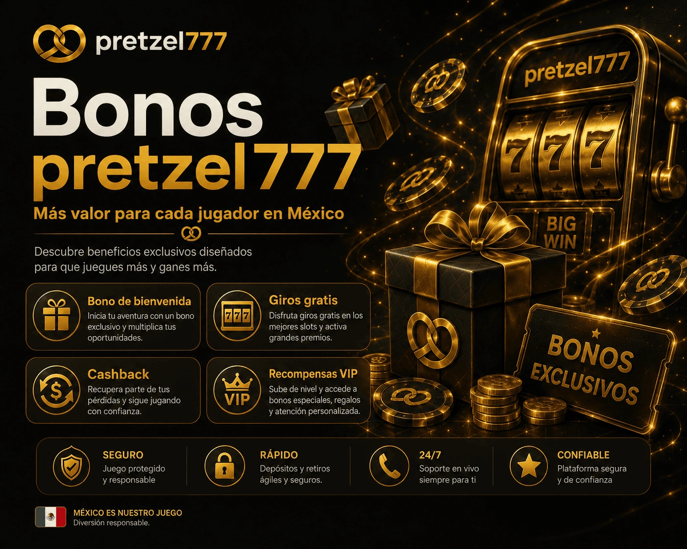 pretzel777 bonus overview with gift icons, coins, promotional cards, and terms checklist elements