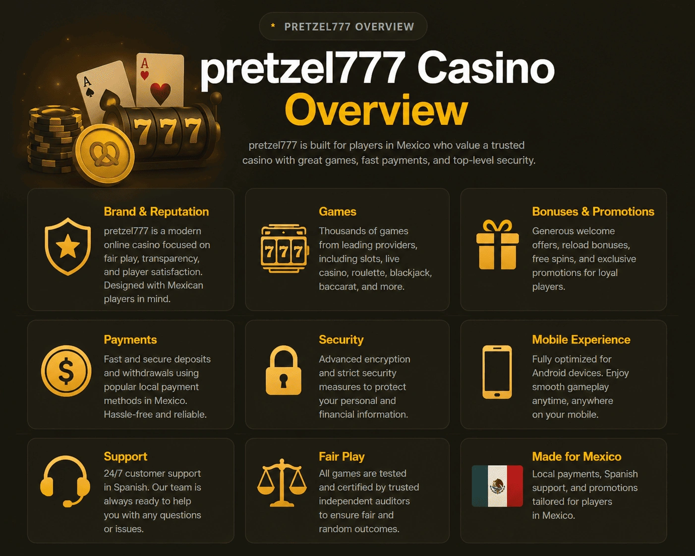 pretzel777 casino overview with slot reels, cards, chips, category tabs, and a mobile lobby layout