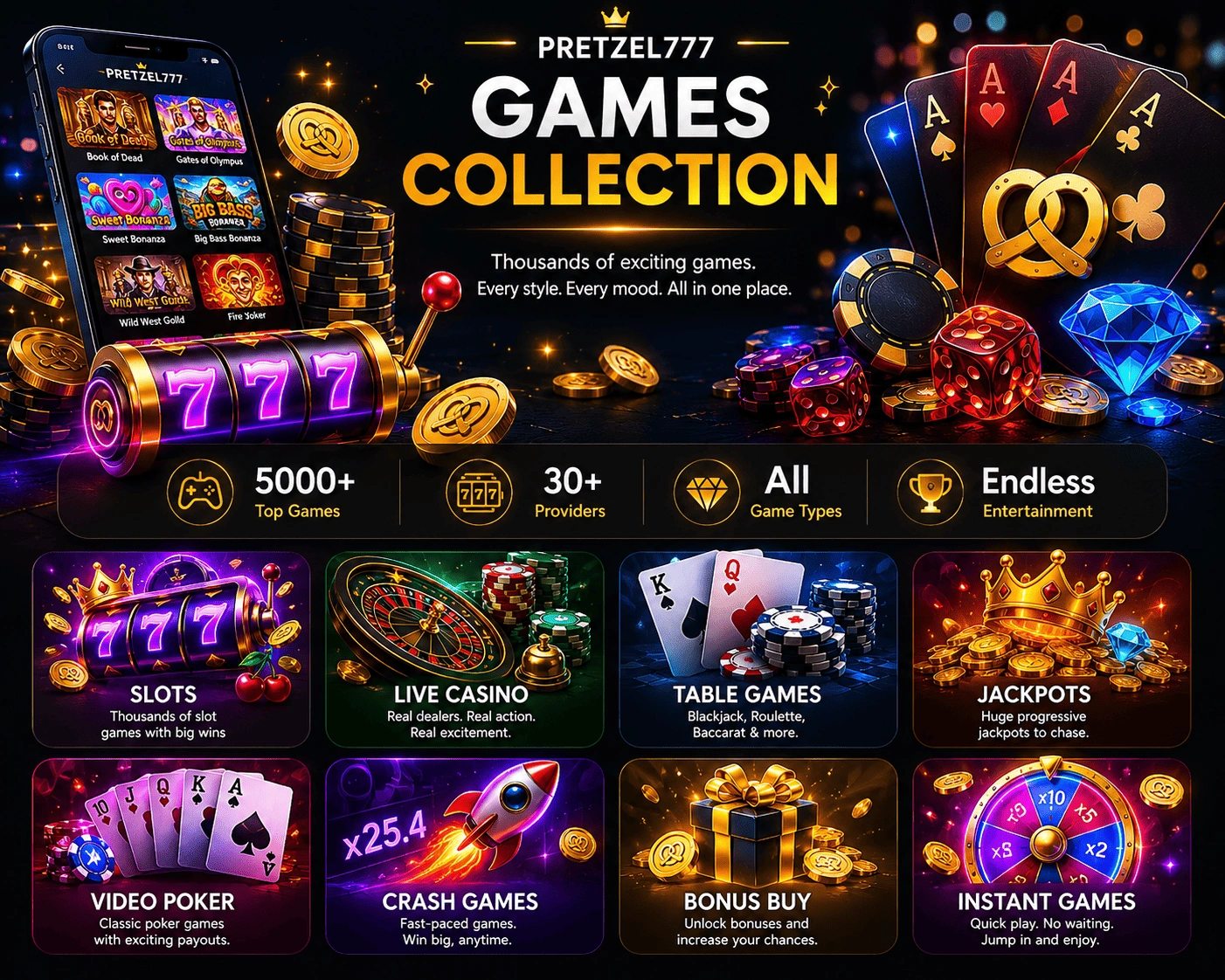 pretzel777 games overview with cards, chips, slot icons, live-table panels, and category navigation