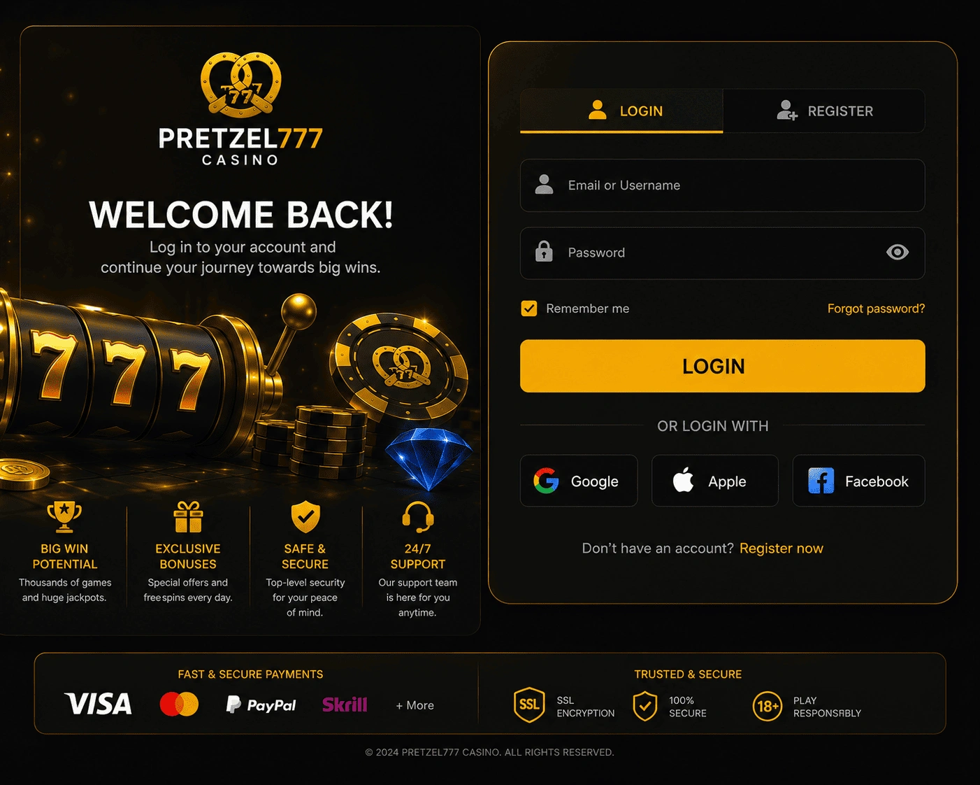 pretzel777 login overview with account fields, password visibility cue, recovery option, and mobile security indicators